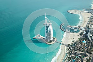 Aerial view of Burj Al Arab on a beautiful sunny day.
