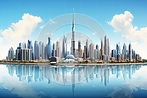 Aerial view of Burj Khalifa in Dubai Downtown skyline city building and fountain, United Arab Emirates or UAE