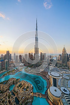 Aerial view of Burj Khalifa in Dubai Downtown skyline and fountain, United Arab Emirates or UAE. Financial district and business