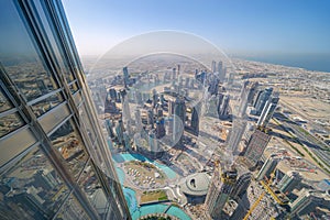 Aerial view of Burj Khalifa in Dubai Downtown skyline and fountain, United Arab Emirates or UAE. Financial district and business