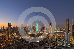 Aerial view of Burj Khalifa in Dubai Downtown skyline and fountain, United Arab Emirates or UAE. Financial district and business