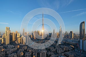 Aerial view of Burj Khalifa in Dubai Downtown skyline and fountain, United Arab Emirates or UAE. Financial district and business