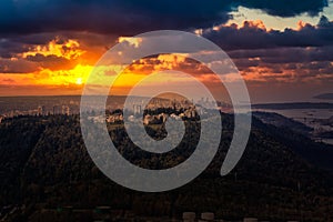 Aerial view of Burnaby Mountain during a vibrant sunset