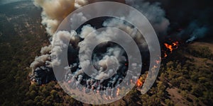 Aerial view burning dry forest trees at sunset time with smoke clouds. AI generative illustration