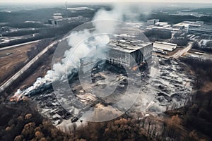 Aerial view of burning industrial building with fire and smoke. Generative AI illustration