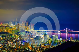 Aerial view of Busan city with Gwangan bridge at nighttime, Sout