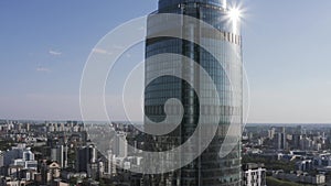 Aerial view of the business center Vysotsky, famous skyscraper in Ekaterinburg, Russia. Stock footage. Cityscape and