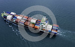 Aerial view of a business container cargo ship in import export business commercial trade logistic which a containers in a harbor