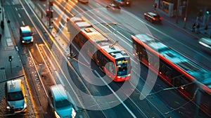 An aerial view of a bustling city shows electric buses and trams zipping along leaving behind no harmful emissions. . AI