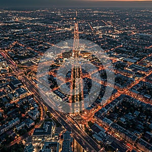 Aerial view of a bustling cityscape at night, showcasing a grid-like pattern of streets photo