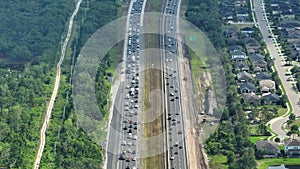 Aerial view of busy american freeway road under construction with heavy traffic in Sarasota, Florida. Development of