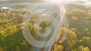 Aerial view of busy american highway with fast moving traffic. Interstate transportation concept