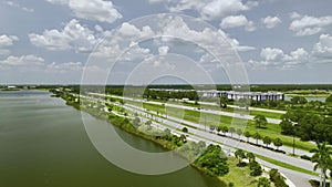 Aerial view of busy american highway with heavy fast moving traffic. Interstate transportation concept