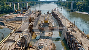 Aerial View of Busy Bridge Construction Site over River