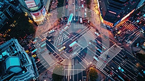 Aerial View of Busy City Intersection with Taxis. Resplendent.