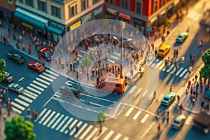 Aerial view of busy city street with cars and people crossing the street. Generative AI