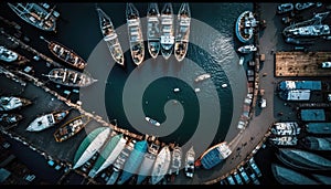 Aerial View Of A Busy Harbor With Ships And Boats :Bird\'s Eye (Generative AI)