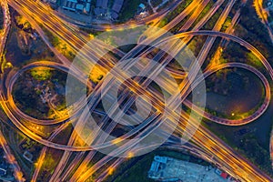 Aerial view of busy highway road junctions at night