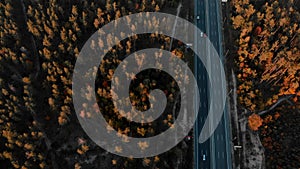 Aerial view of busy highway surrounded by forest