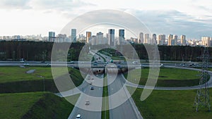 Aerial view of a busy motorway interchange with a lot of traffic