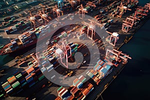 aerial view of busy shipping port with numerous containers