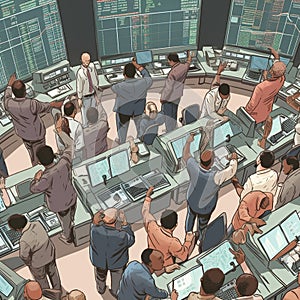 Aerial view of busy stock exchange with traders shouting and gesturing representing intensity and competitiveness of