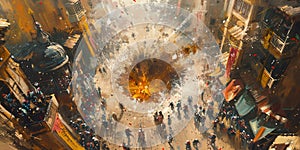 An aerial view of a busy street market in a middle eastern city