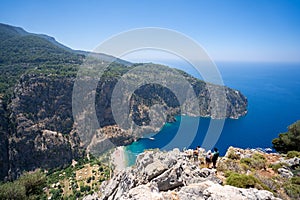 Aerial view of Butterfly Valley (Kelebekler Vadisi) and tourist in Oludeniz district