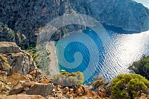 Aerial view of Butterfly valley in Oludeniz. Sunny summer beach landscape top view. Fethiye, Turkey nature landmark photo