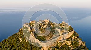 Aerial view of a Byzantine Angelokastro castle on the island of Corfu