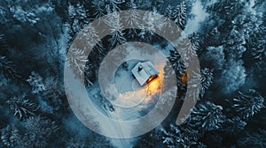 Aerial View of a Cabin in a Snowy Forest at Night