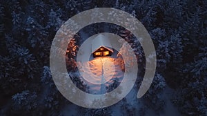 Aerial View of a Cabin in a Snowy Forest at Night