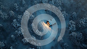 Aerial View of a Cabin in a Snowy Forest at Night