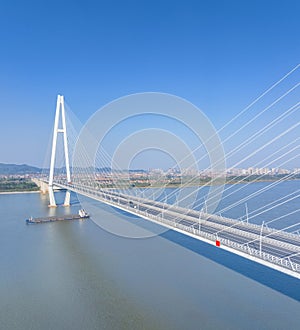 aerial view of cable-stayed bridge on Yangtze river