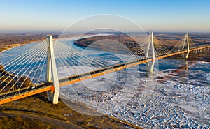 Aerial view of cable-stayed Murom Bridge across Oka river