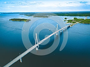 Aerial view of cable-stayed Replot Bridge, suspension bridge in Finland