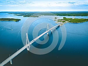 Aerial view of cable-stayed Replot Bridge, suspension bridge in Finland