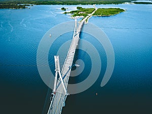 Aerial view of cable-stayed Replot Bridge, suspension bridge in Finland