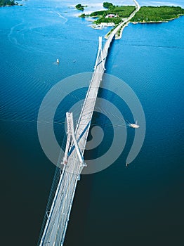 Aerial view of cable-stayed Replot Bridge, suspension bridge in Finland