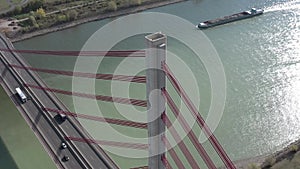 Aerial View of a Cable Stayed Suspension Bridge Crossing a River