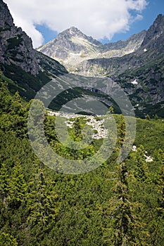 The aerial view from cableway of mountain waterfall Skok with Strbsky peak in the background, High Tatras, Slovakia