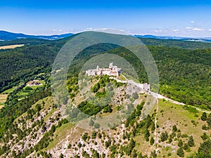 Aerial view of Cachtice castle, Slovakia. Famous medieval castle known from legends of bloody queen Bathory