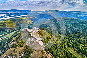 Aerial view of Cachticky hrad, a ruined castle in Slovakia