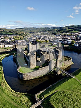 Aerial view of Caerphilly Castle. Wales, UK