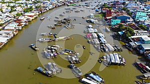 Aerial view of Cai Rang floating market, Can Tho, Vietnam. Cai Rang is famous market in mekong delta, Vietnam. Tourists, people