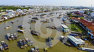 Aerial view of Cai Rang floating market, Can Tho, Vietnam. Cai Rang is famous market in mekong delta, Vietnam. Tourists, people