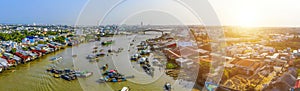 Aerial view of Cai Rang floating market, Can Tho, Vietnam. Cai Rang is famous market in mekong delta, Vietnam. Tourists, people