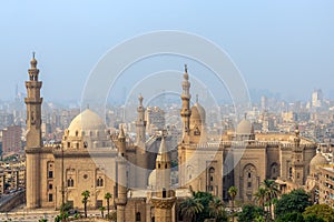 Aerial view of Cairo city from Cairo Citadel with Al Sultan Hassan and Al Rifai Mosques, Cairo, Egypt