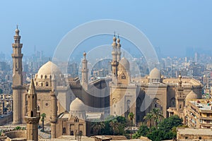Aerial view of Cairo city from Salah Al Deen Citadel Cairo Citadel with Sultan Hassan and Al Rifai Mosques, Cairo, Egypt