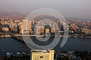 Aerial view of cairo with nile during sunset in egypt in africa